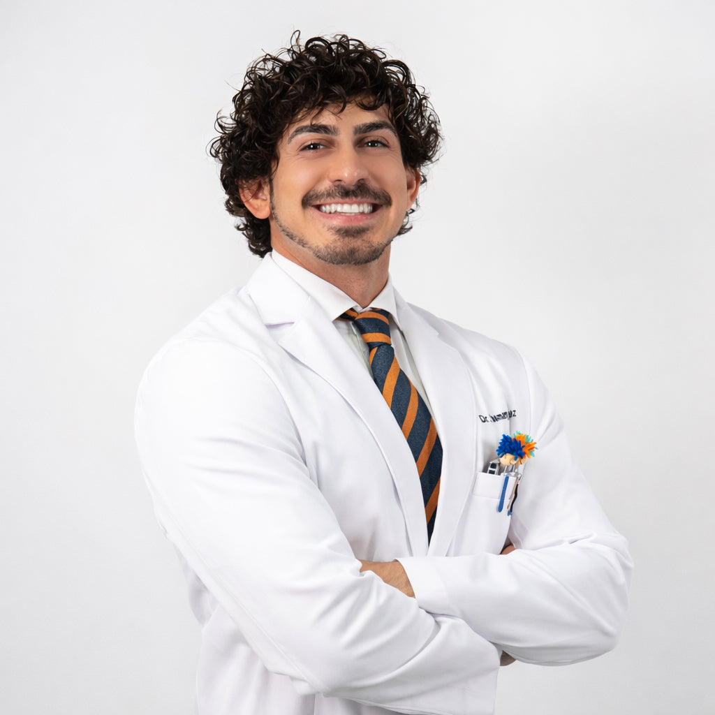 Man in a white lab coat with a colorful tie and badge on a white background